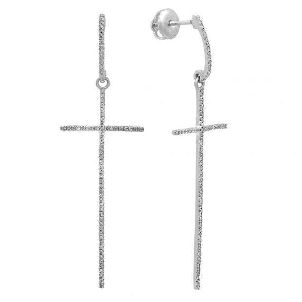 0.20 Carat (ctw) 18K White Gold Round Diamond Ladies Cross Shaped Dangling Drop Earrings 1/5 CT