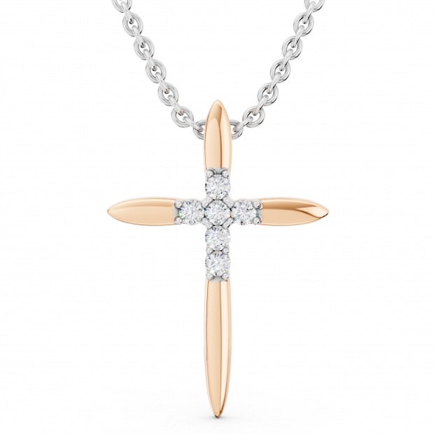 Round White Diamond Elegant Cross Pendant with 18 inch Silver Chain for Women (0.10 ctw, Color I-J, Clarity I2-I3) in 10K Rose Gold