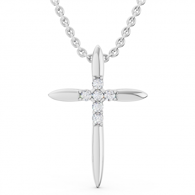 Round White Diamond Elegant Cross Pendant with 18 inch Silver Chain for Women (0.10 ctw, Color I-J, Clarity I2-I3) in 10K White Gold