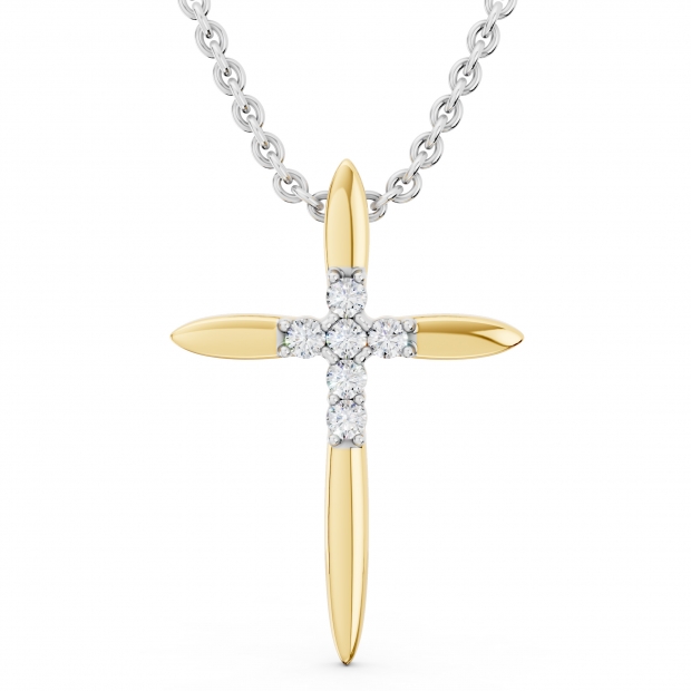 Round White Diamond Elegant Cross Pendant with 18 inch Silver Chain for Women (0.10 ctw, Color I-J, Clarity I2-I3) in 10K Yellow Gold