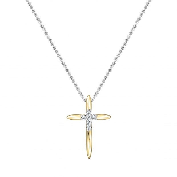 Round White Diamond Elegant Cross Pendant with 18 inch Silver Chain for Women (0.10 ctw, Color I-J, Clarity I1-I2) in 18K Yellow Gold