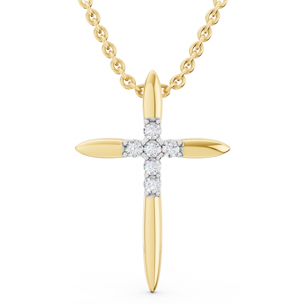 Round White Diamond Elegant Cross Pendant with 18 inch Gold Chain for Women (0.10 ctw, Color I-J, Clarity I2-I3) in 10K Yellow Gold
