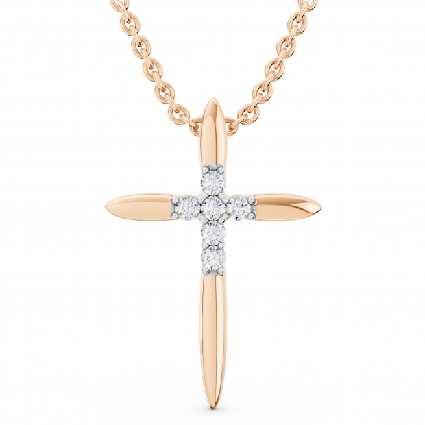 Round White Diamond Elegant Cross Pendant with 18 inch Gold Chain for Women (0.10 ctw, Color I-J, Clarity I1-I2) in 18K Rose Gold