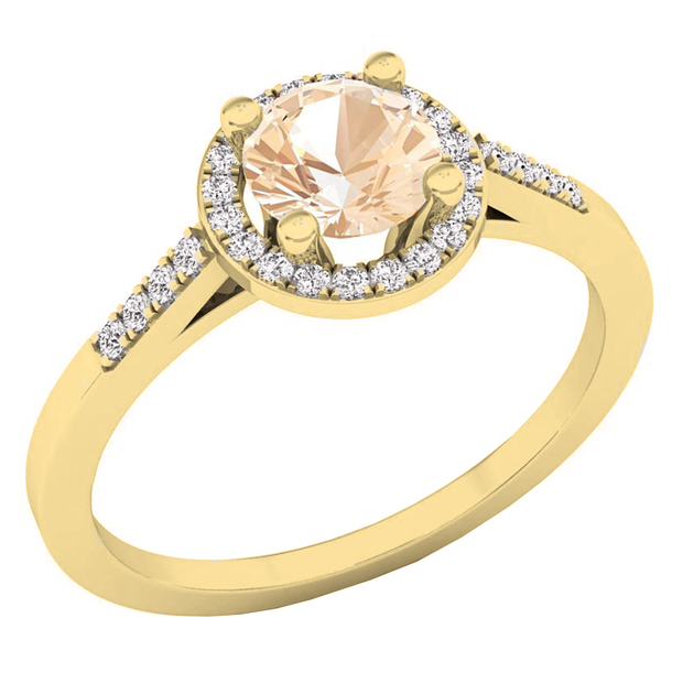 14K Yellow Gold Round 5.50 MM Morganite & White Diamond Ladies Halo Bridal Engagement Ring