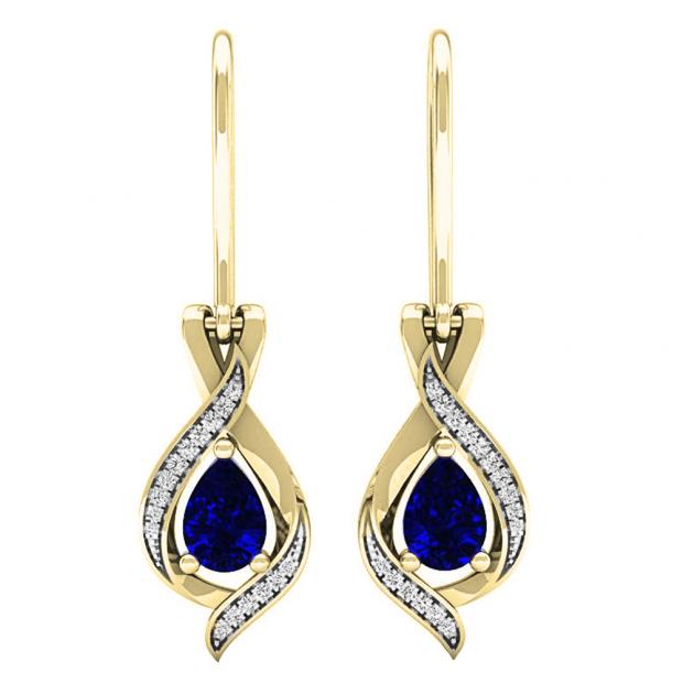 18K Yellow Gold 7X5 MM Each Pear Blue Sapphire & Round White Diamond Ladies Dangling Drop Earrings