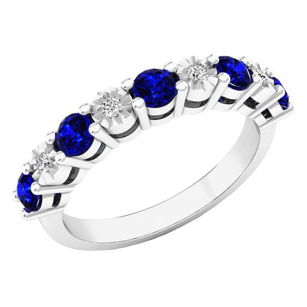 10K White Gold Round Blue Sapphire & White Diamond Ladies Bridal Wedding Band Anniversary Ring