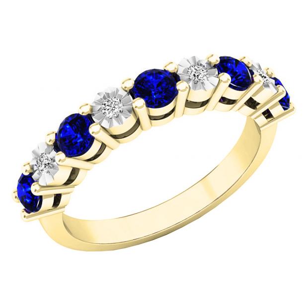 10K Yellow Gold Round Blue Sapphire & White Diamond Ladies Bridal Wedding Band Anniversary Ring