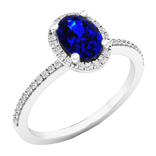 10K White Gold 7X5 MM Oval Blue Sapphire & Round Diamond Bridal Halo Engagement Ring