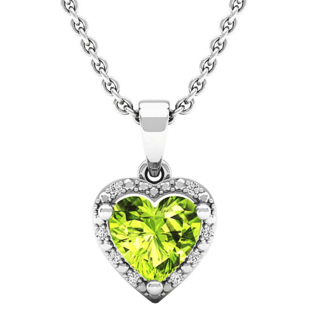 Sterling Silver 7X7 MM Heart Peridot & Round Diamond Ladies Halo Heart Shape Pendant