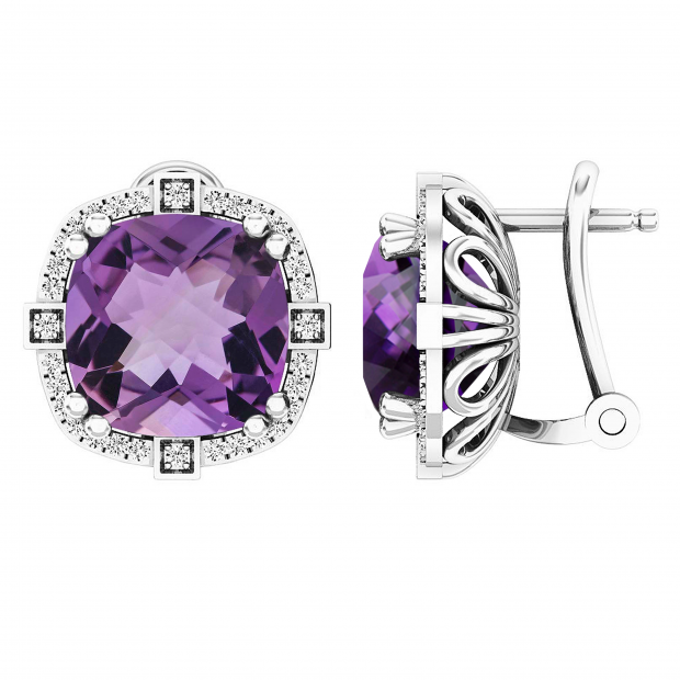 Sterling Silver 10 MM Each Cushion Amethyst & Round Diamond Ladies Halo Stud Earrings