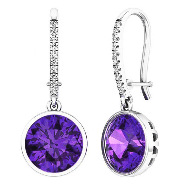 Sterling Silver 9 MM Round Amethyst & White Diamond Ladies Dangling Drop Earrings