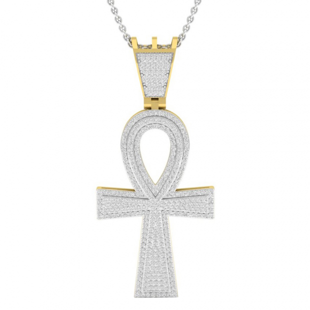 0.95 Carat (ctw) 14K Yellow Gold Round Diamond Ankh Mens Cross Pendant 1 CT (Silver Chain Included)