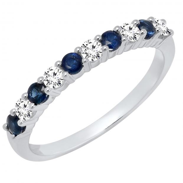 Round Blue Sapphire & White Diamond Ladies Stackable Anniversary Wedding Band | 14K White Gold