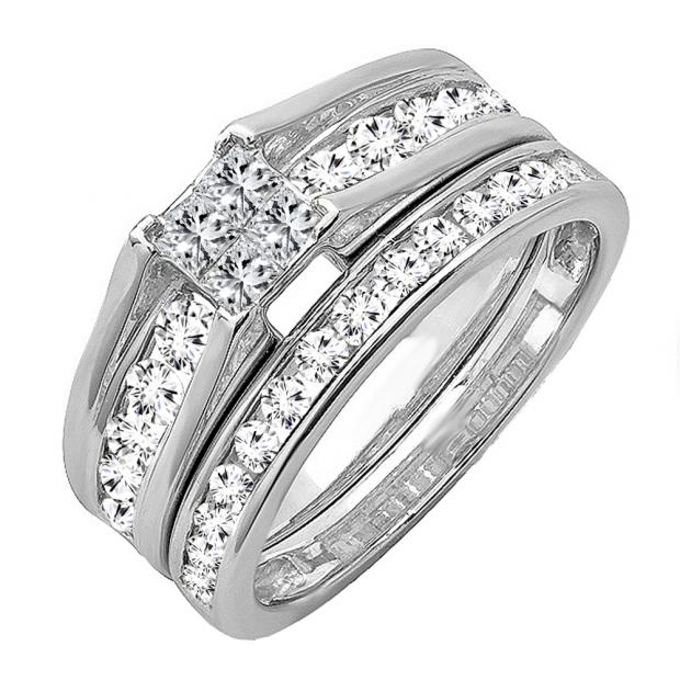 0.98 Carat (ctw) 10K White Gold Princess & Round Diamond Ladies Bridal Engagement Ring Set 1 CT