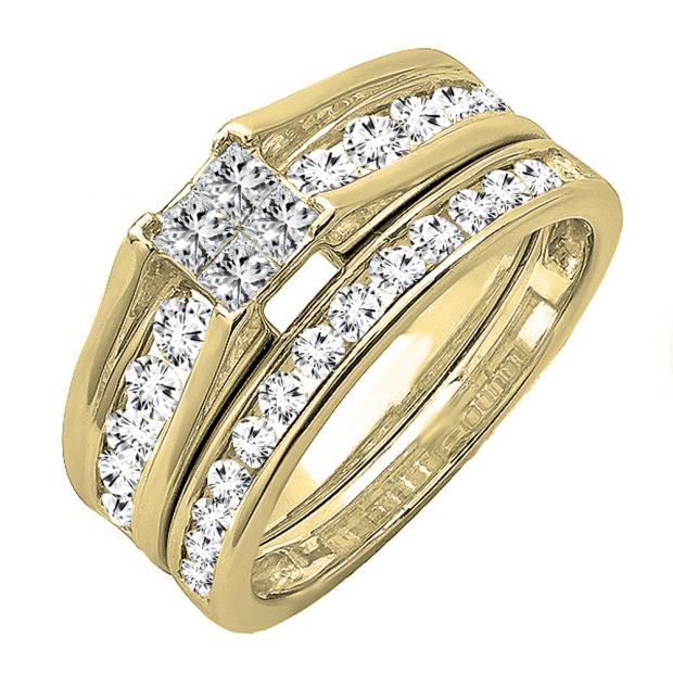 0.98 Carat (ctw) 10K Yellow Gold Princess & Round Diamond Ladies Bridal Engagement Ring Set 1 CT