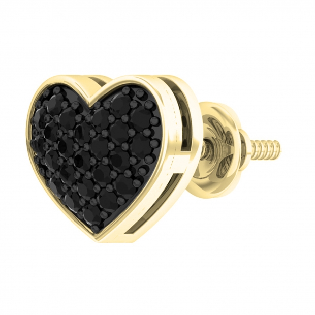 0.22 Carat (ctw) Round Black Diamond Heart 1Pc Screw Back Stud Earring for Women in 10K Yellow Gold