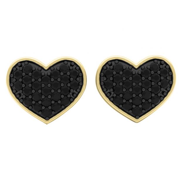 0.45 Carat (ctw) 10K Yellow Gold Round Black Diamond Ladies Heart Shape Stud Earrings 1/2 CT