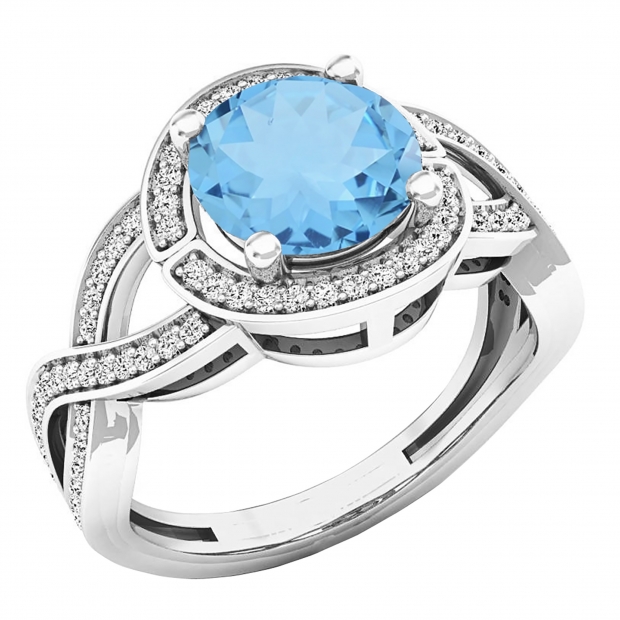 10K White Gold 8 MM Round Blue Topaz & White Diamond Ladies Split Shank Engagement Ring
