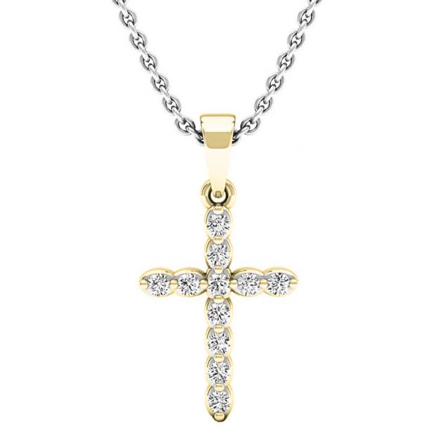 0.20 Carat (ctw) 14K Yellow Gold Round Diamond Ladies Cross Pendant 1/5 CT (Silver Chain Included)