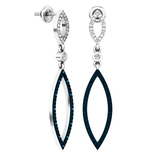 0.20 Carat (ctw) 10K White Gold Round Blue & White Diamond Fashion Dangling Earrings 1/5 CT