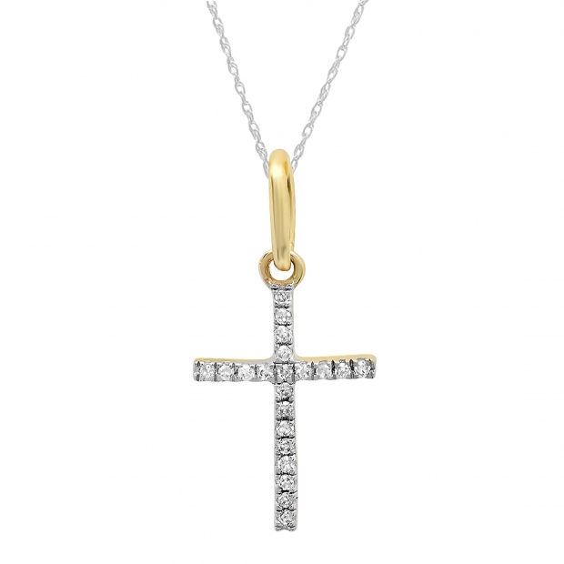 0.05 Carat (ctw) 10K Yellow Gold Round Diamond Ladies Cross Pendant (Silver Chain Included)