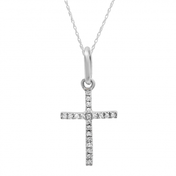 0.05 Carat (ctw) 18K White Gold Round Diamond Ladies Cross Pendant (Silver Chain Included)