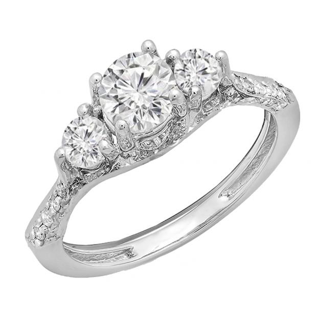 1.30 Carat (Ctw) 14K White Gold Round White Diamond 3 Stone Ladies Bridal Engagement Ring
