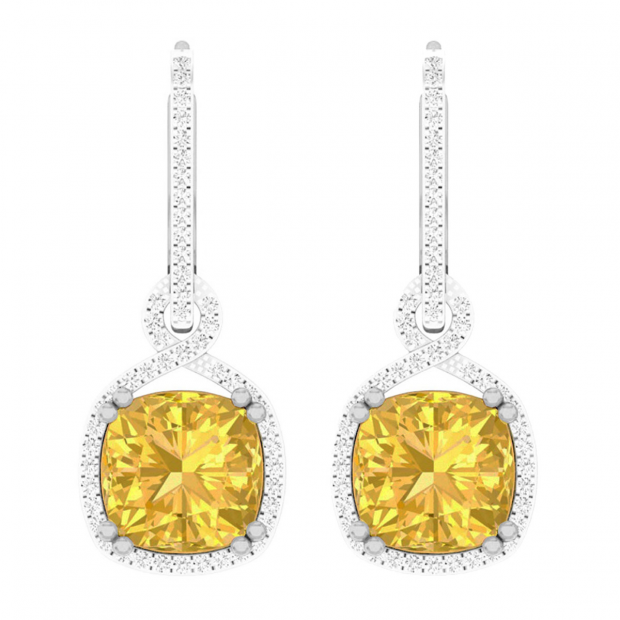 10K White Gold 10 MM Each Cushion Citrine & Round Diamond Ladies Infinity Dangling Earrings