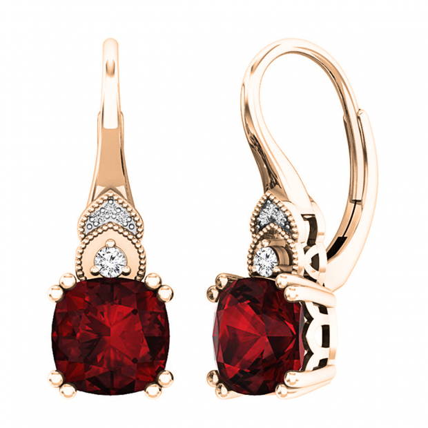 14K Rose Gold 8 MM Each Cushion & Round Garnet & Round Diamond Halo Hoop Earrings