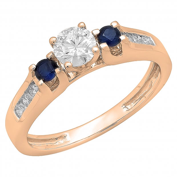 10K Rose Gold Round White & Blue Sapphire & White Diamond Bridal Engagement Ring