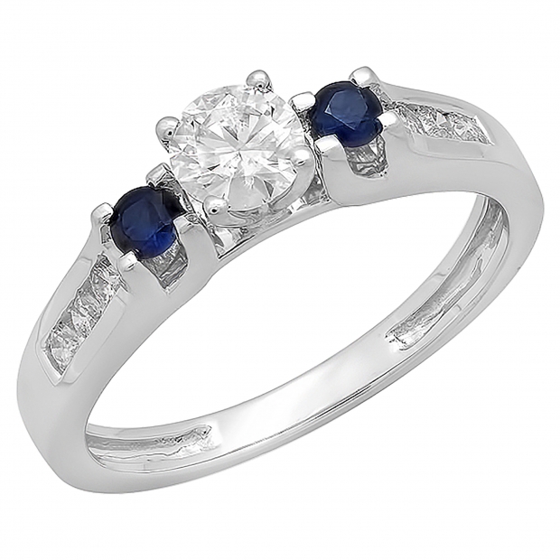 10K White Gold Round White & Blue Sapphire & White Diamond Bridal Engagement Ring