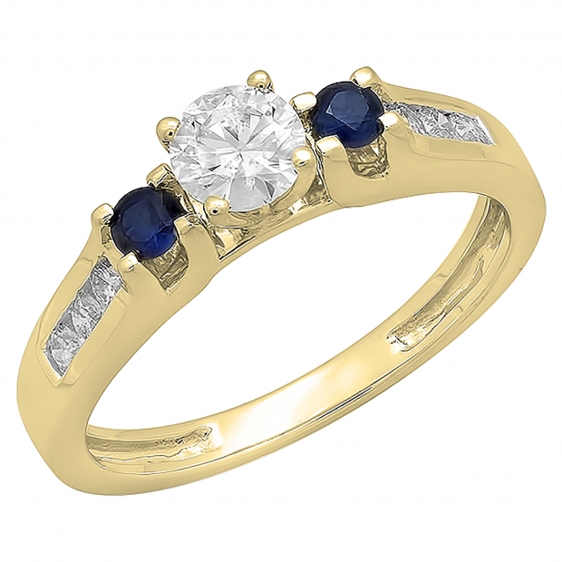 10K Yellow Gold Round White & Blue Sapphire & White Diamond Bridal Engagement Ring
