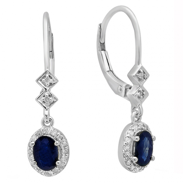 14K White Gold 6X4 MM Each Oval Blue Sapphire & Round Diamond Ladies Halo Dangling Drop Earrings