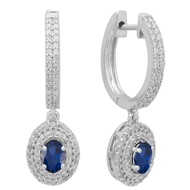10K White Gold 6X4 MM Each Oval Blue Sapphire & Round Diamond Ladies Halo Dangling Drop Earrings