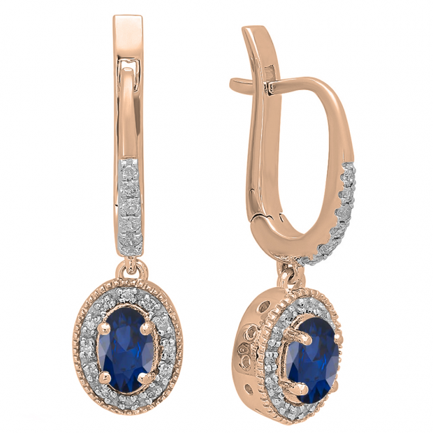 14K Rose Gold 6X4 MM Each Oval Blue Sapphire & Round Diamond Ladies Halo Dangling Drop Earrings