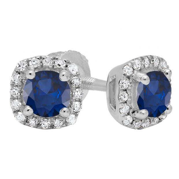 10K White Gold 6 MM Each Round Blue Sapphire & White Diamond Ladies Halo Style Stud Earrings