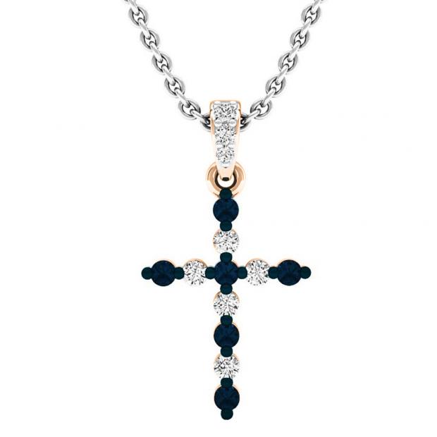 0.30 Carat (ctw) 10K Rose Gold Round Blue & White Diamond Ladies Cross Pendant 1/3 CT