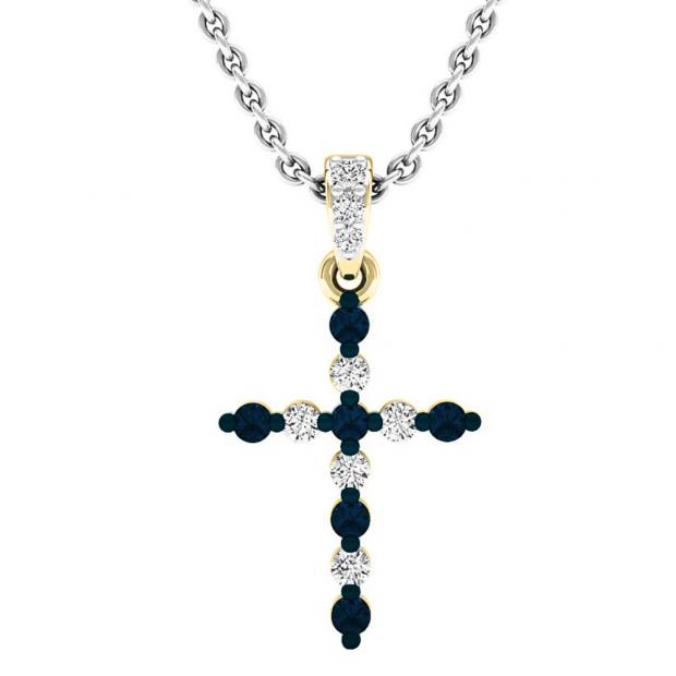 0.30 Carat (ctw) 14K Yellow Gold Round Blue & White Diamond Ladies Cross Pendant 1/3 CT