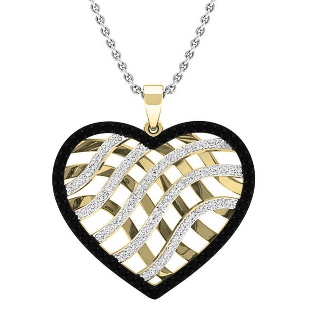 0.95 Carat (ctw) 10K Yellow Gold Round Black & White Diamond Ladies Heart Pendant 1 CT