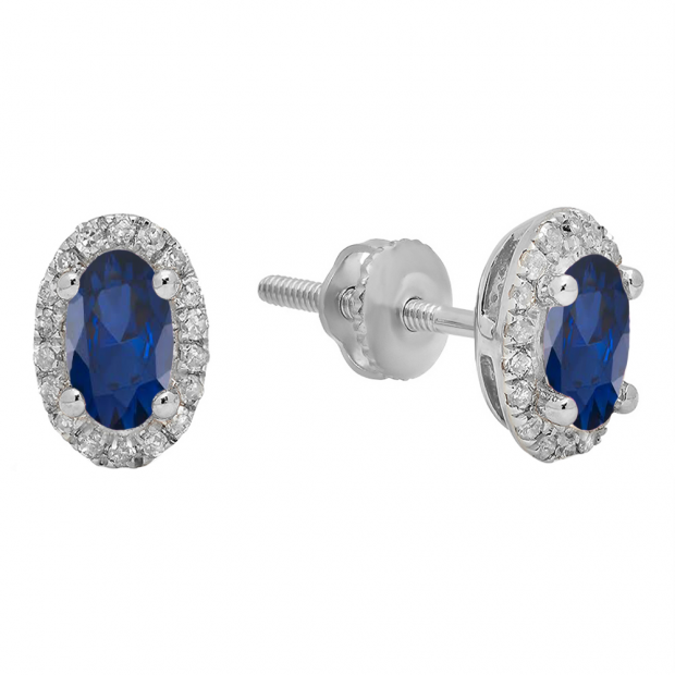 10K White Gold 6X4 MM Each Oval Blue Sapphire & Round White Diamond Ladies Halo Stud Earrings