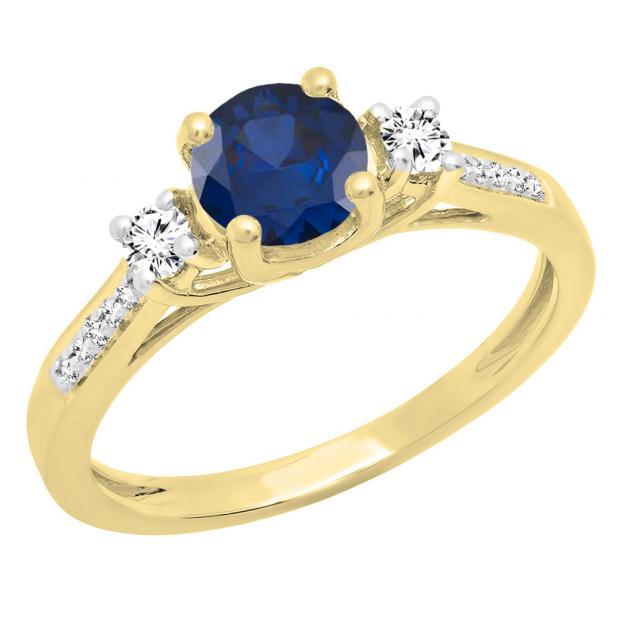 10K Yellow Gold 5 MM Round Blue Sapphire White Sapphire & Diamond Ladies 3 Stone Engagement Ring