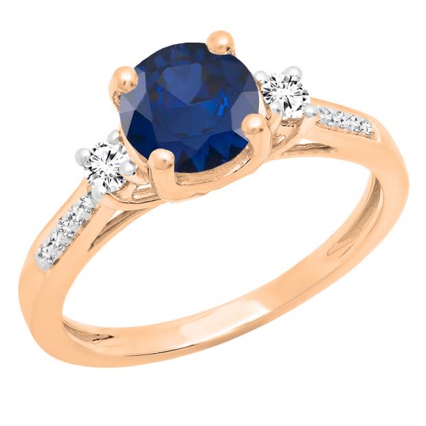 10K Rose Gold 7 MM Round Blue Sapphire White Sapphire & Diamond Ladies 3 Stone Engagement Ring