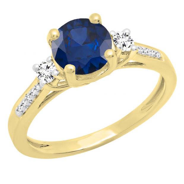 10K Yellow Gold 7 MM Round Blue Sapphire White Sapphire & Diamond Ladies 3 Stone Engagement Ring