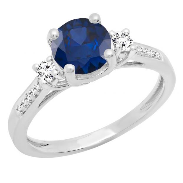 14K White Gold 7 MM Round Blue Sapphire White Sapphire & Diamond Ladies 3 Stone Engagement Ring