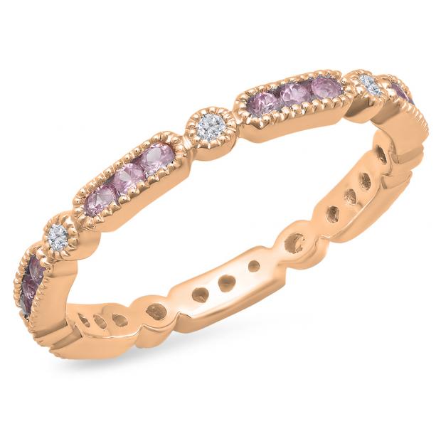 10K Rose Gold Round Pink Sapphire & White Diamond Ladies Vintage Wedding Eternity Stackable Band