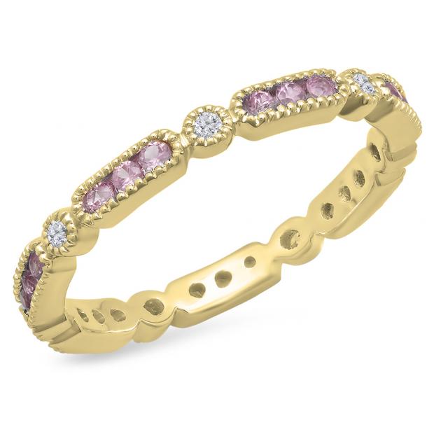 10K Yellow Gold Round Pink Sapphire & White Diamond Ladies Vintage Wedding Eternity Stackable Band