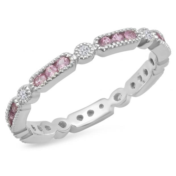 14K White Gold Round Pink Sapphire & White Diamond Ladies Vintage Wedding Eternity Stackable Band