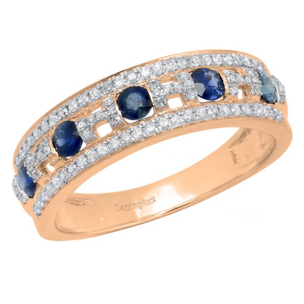 10K Rose Gold Round Blue Sapphire & White Diamond Ladies Anniversary Wedding Band