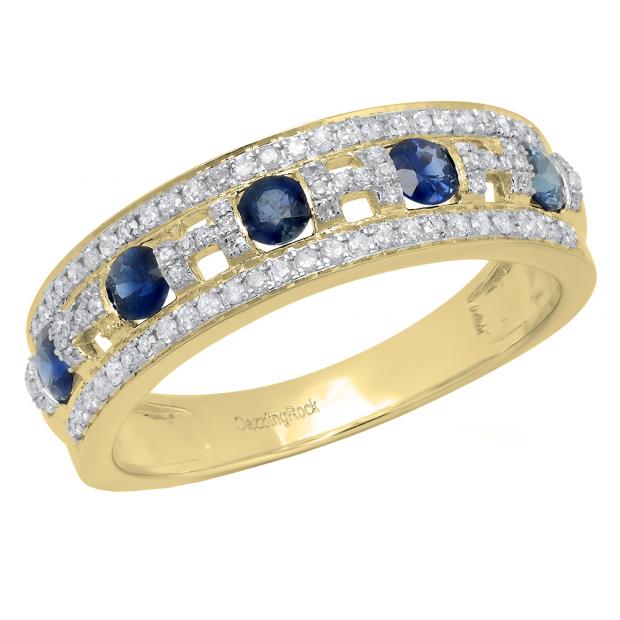 10K Yellow Gold Round Blue Sapphire & White Diamond Ladies Anniversary Wedding Band