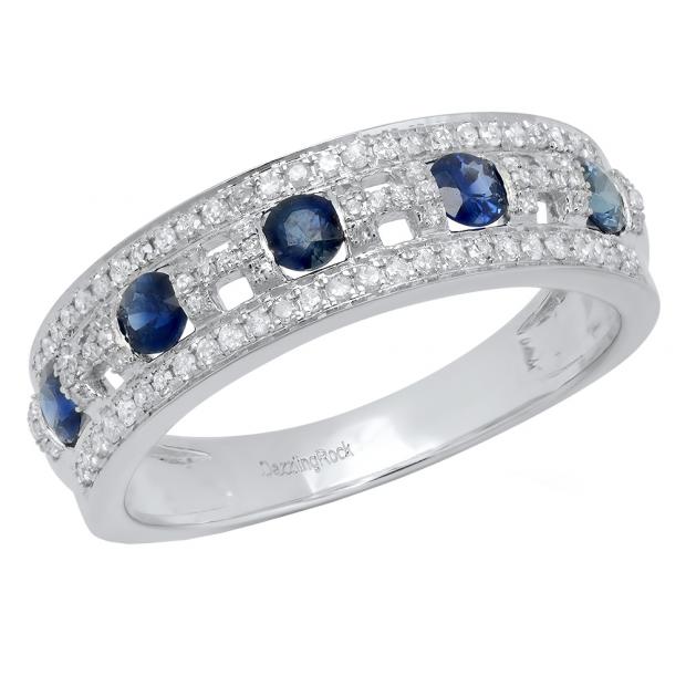 18K White Gold Round Blue Sapphire & White Diamond Ladies Anniversary Wedding Band